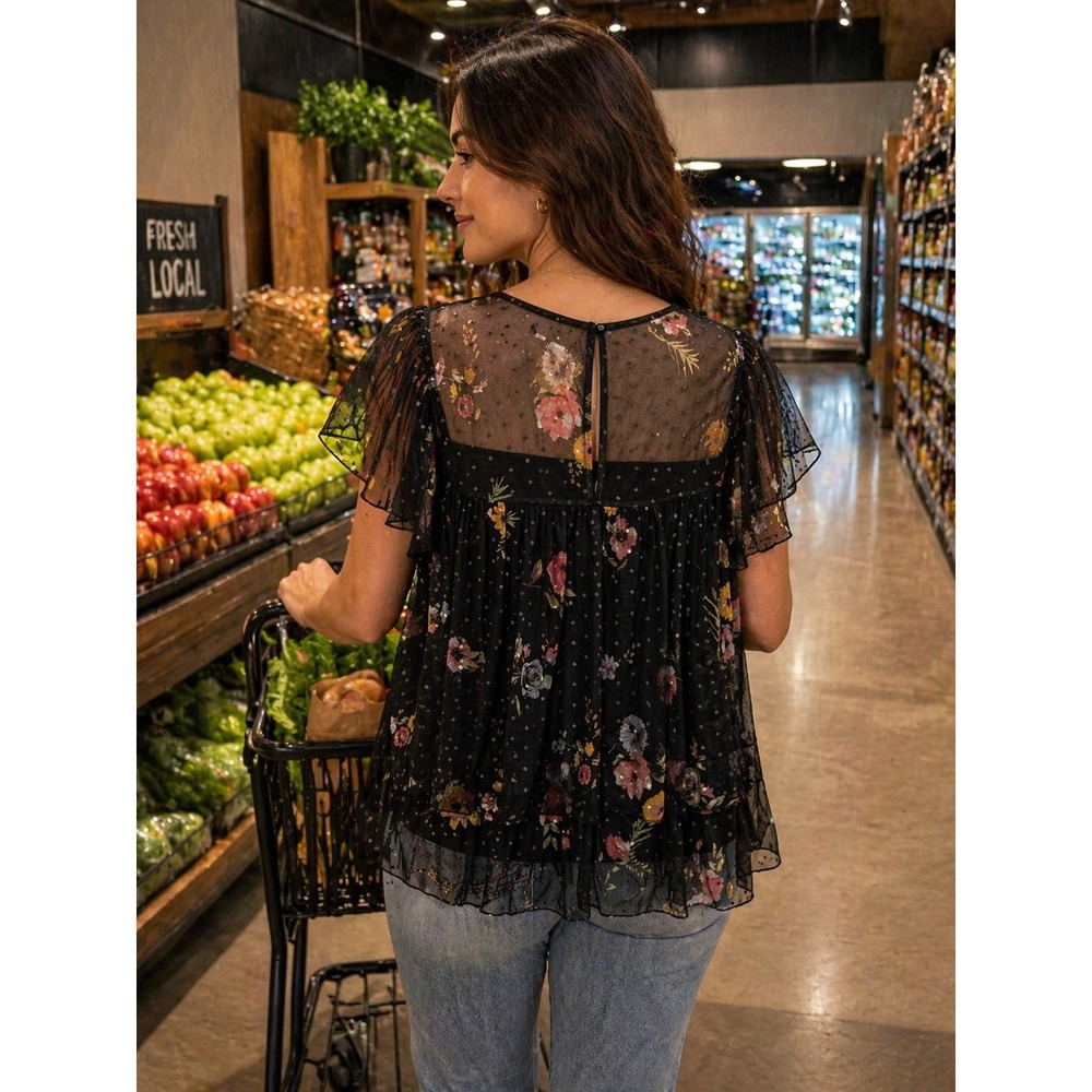 Willow Young Contemporary Floral Mesh Babydoll Top Black 1X Flutter Sleeve Blous